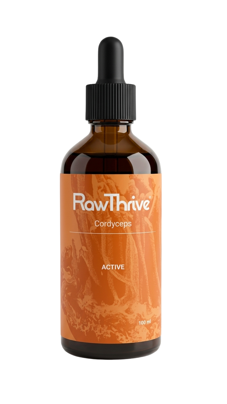 RawThrive Active — ekologiskt Cordyceps-extrakt, 100 ml glasflaska med pipett