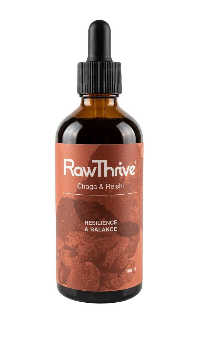 RawThrive Resilience & Balance — ekologiskt Chaga- och Reishi-extrakt, 100 ml glasflaska med pipett